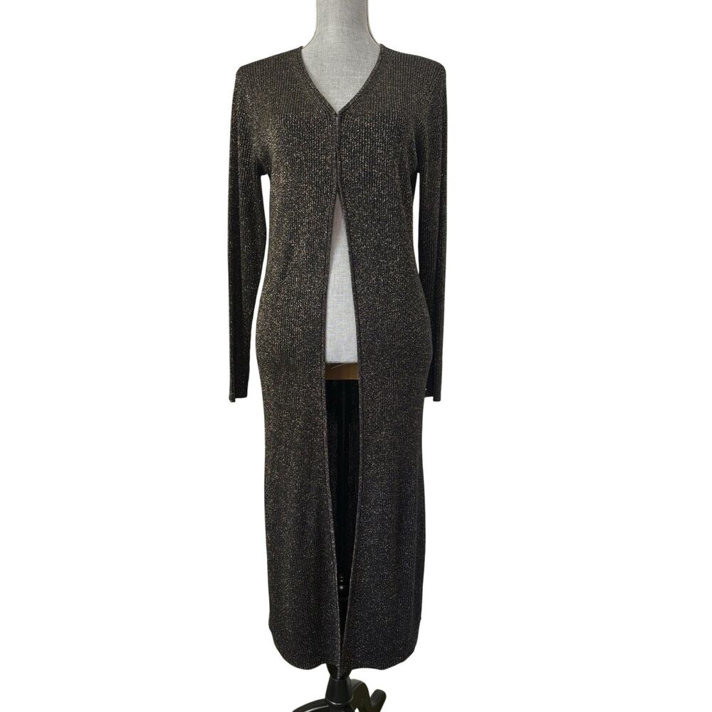 Vtg 90s Silk Blend Black Gold Metallic Lurex Rib Knit Long Duster Cardigan M/L